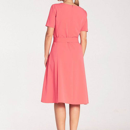 Classic Pleated Midi Dress with Short Sleeves, Boat Neckline & Waist Tie - MimiStylez