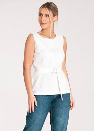 Elegant Trapeze Blouse with Boat Neckline & Buckled Waist Belt - MimiStylez