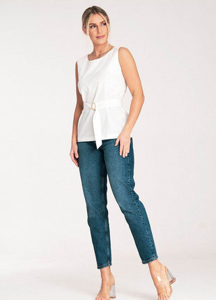 Elegant Trapeze Blouse with Boat Neckline & Buckled Waist Belt - MimiStylez