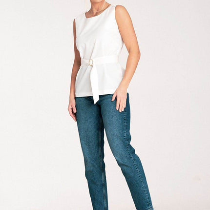 Elegant Trapeze Blouse with Boat Neckline & Buckled Waist Belt - MimiStylez