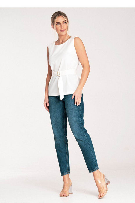 Elegant Trapeze Blouse with Boat Neckline & Buckled Waist Belt - MimiStylez