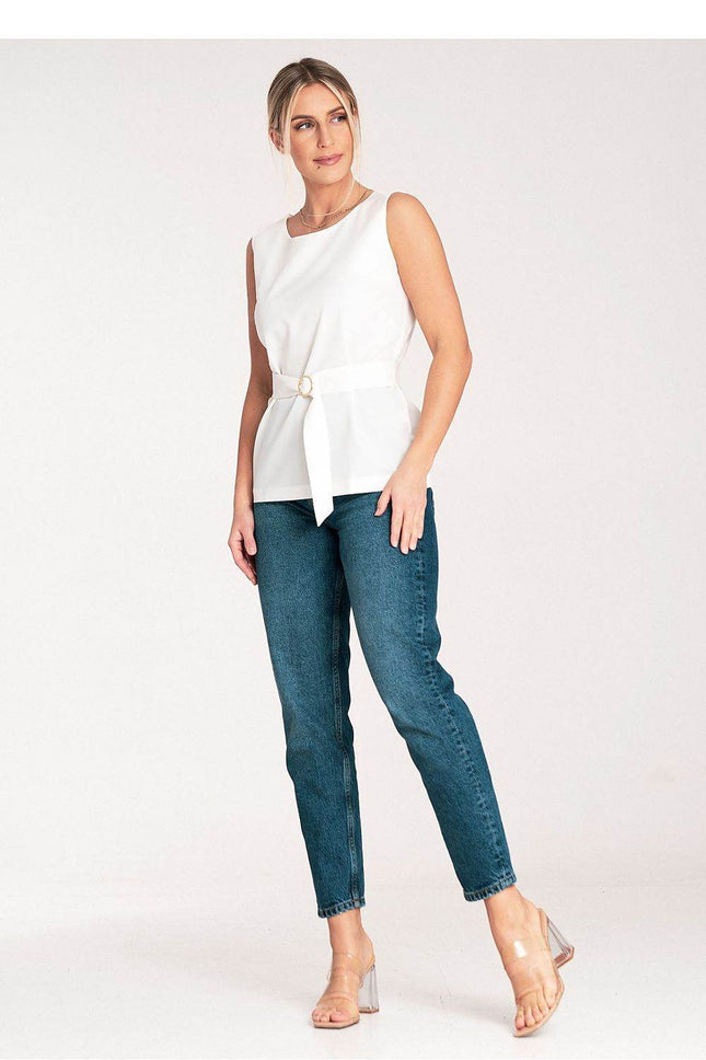 Elegant Trapeze Blouse with Boat Neckline & Buckled Waist Belt - MimiStylez
