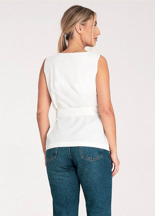 Elegant Trapeze Blouse with Boat Neckline & Buckled Waist Belt - MimiStylez