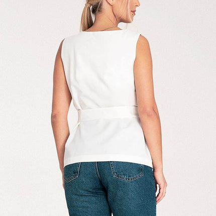 Elegant Trapeze Blouse with Boat Neckline & Buckled Waist Belt - MimiStylez