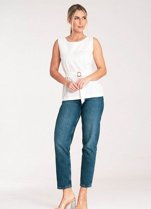 Elegant Trapeze Blouse with Boat Neckline & Buckled Waist Belt - MimiStylez