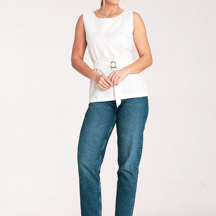 Elegant Trapeze Blouse with Boat Neckline & Buckled Waist Belt - MimiStylez
