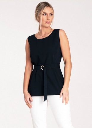 Elegant Trapeze Blouse with Boat Neckline & Buckled Waist Belt - MimiStylez