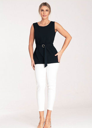 Elegant Trapeze Blouse with Boat Neckline & Buckled Waist Belt - MimiStylez