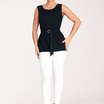 Elegant Trapeze Blouse with Boat Neckline & Buckled Waist Belt - MimiStylez