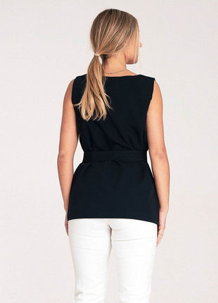 Elegant Trapeze Blouse with Boat Neckline & Buckled Waist Belt - MimiStylez