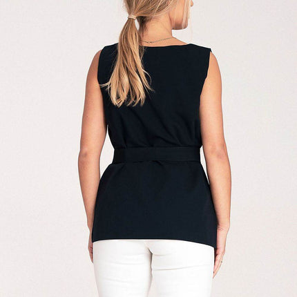 Elegant Trapeze Blouse with Boat Neckline & Buckled Waist Belt - MimiStylez