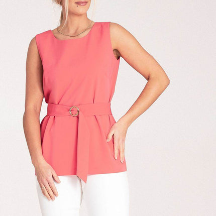 Elegant Trapeze Blouse with Boat Neckline & Buckled Waist Belt - MimiStylez
