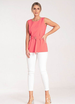 Elegant Trapeze Blouse with Boat Neckline & Buckled Waist Belt - MimiStylez
