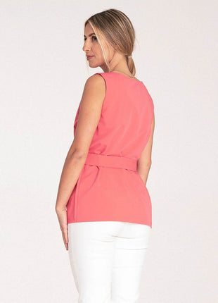 Elegant Trapeze Blouse with Boat Neckline & Buckled Waist Belt - MimiStylez