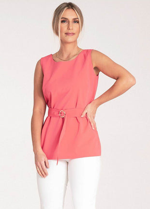 Elegant Trapeze Blouse with Boat Neckline & Buckled Waist Belt - MimiStylez