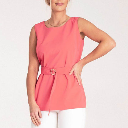 Elegant Trapeze Blouse with Boat Neckline & Buckled Waist Belt - MimiStylez
