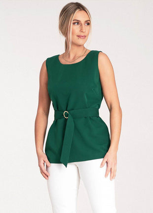 Elegant Trapeze Blouse with Boat Neckline & Buckled Waist Belt - MimiStylez