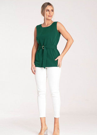 Elegant Trapeze Blouse with Boat Neckline & Buckled Waist Belt - MimiStylez