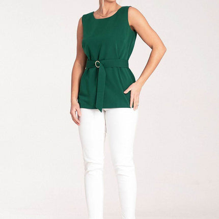 Elegant Trapeze Blouse with Boat Neckline & Buckled Waist Belt - MimiStylez