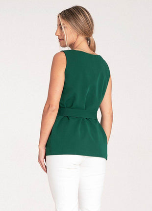Elegant Trapeze Blouse with Boat Neckline & Buckled Waist Belt - MimiStylez