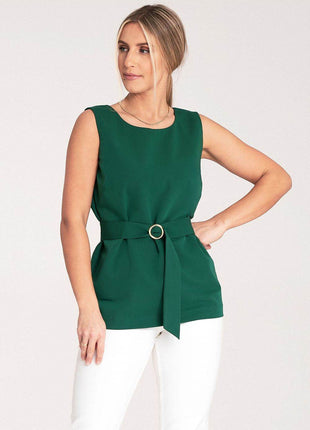 Elegant Trapeze Blouse with Boat Neckline & Buckled Waist Belt - MimiStylez