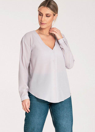 Long-Sleeved Shirt with Press-Stud Fastening & Open Neckline - MimiStylez