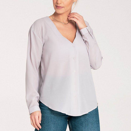 Long-Sleeved Shirt with Press-Stud Fastening & Open Neckline - MimiStylez