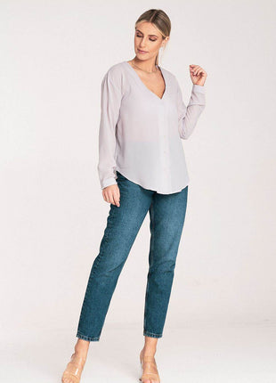 Long-Sleeved Shirt with Press-Stud Fastening & Open Neckline - MimiStylez