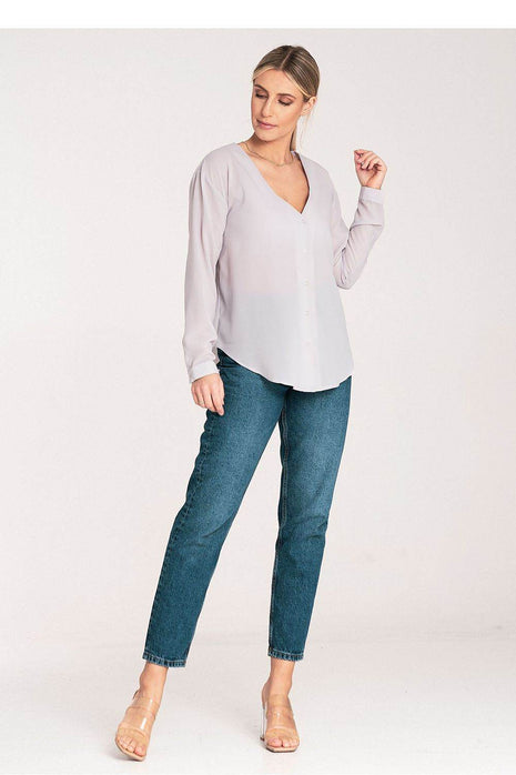 Long-Sleeved Shirt with Press-Stud Fastening & Open Neckline - MimiStylez