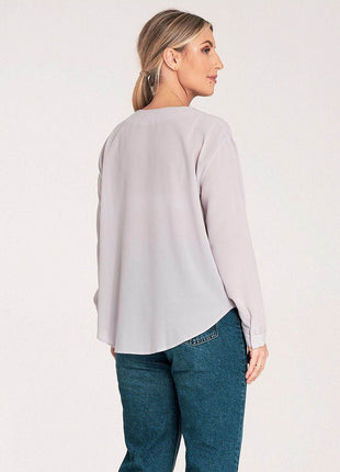 Long-Sleeved Shirt with Press-Stud Fastening & Open Neckline - MimiStylez