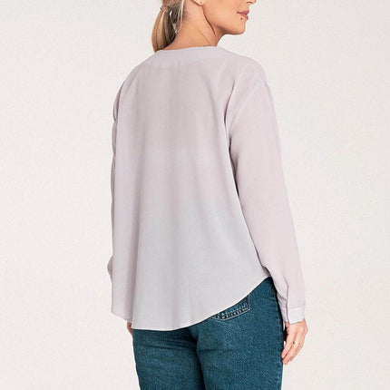 Long-Sleeved Shirt with Press-Stud Fastening & Open Neckline - MimiStylez