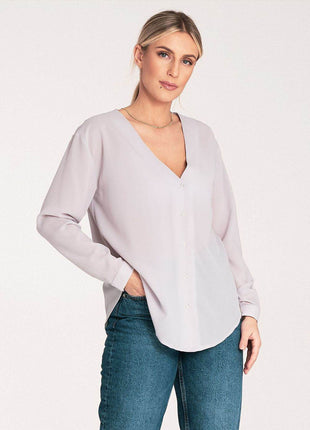 Long-Sleeved Shirt with Press-Stud Fastening & Open Neckline - MimiStylez