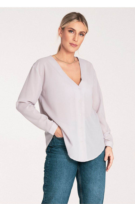 Long-Sleeved Shirt with Press-Stud Fastening & Open Neckline - MimiStylez
