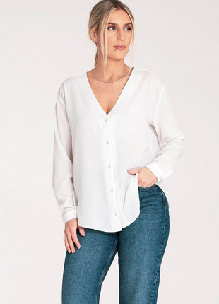 Long-Sleeved Shirt with Press-Stud Fastening & Open Neckline - MimiStylez