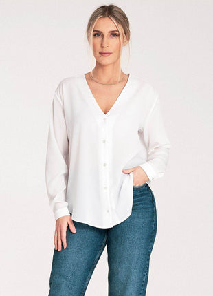 Long-Sleeved Shirt with Press-Stud Fastening & Open Neckline - MimiStylez
