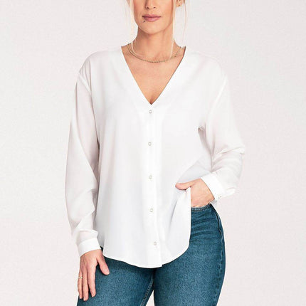 Long-Sleeved Shirt with Press-Stud Fastening & Open Neckline - MimiStylez