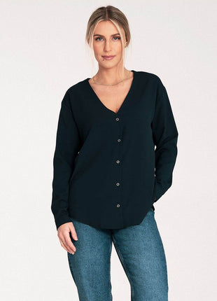 Long-Sleeved Shirt with Press-Stud Fastening & Open Neckline - MimiStylez