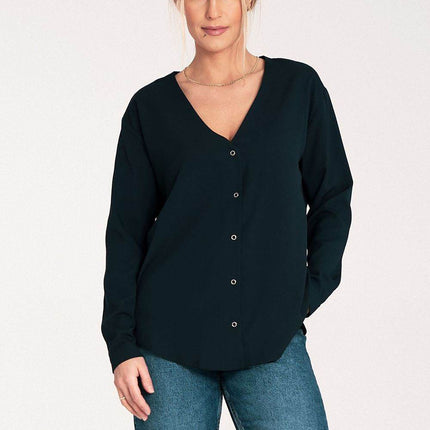 Long-Sleeved Shirt with Press-Stud Fastening & Open Neckline - MimiStylez