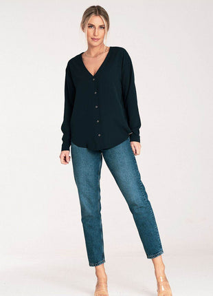 Long-Sleeved Shirt with Press-Stud Fastening & Open Neckline - MimiStylez