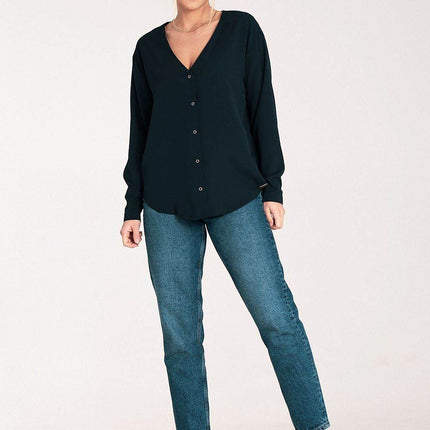 Long-Sleeved Shirt with Press-Stud Fastening & Open Neckline - MimiStylez