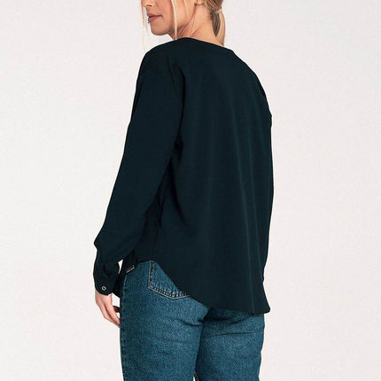 Long-Sleeved Shirt with Press-Stud Fastening & Open Neckline - MimiStylez