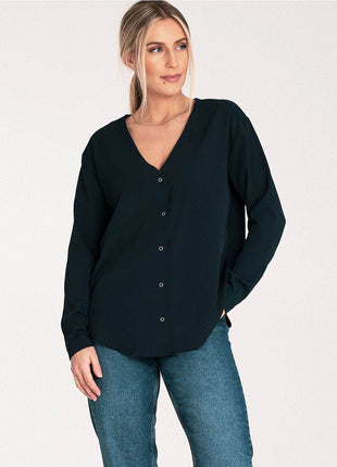 Long-Sleeved Shirt with Press-Stud Fastening & Open Neckline - MimiStylez