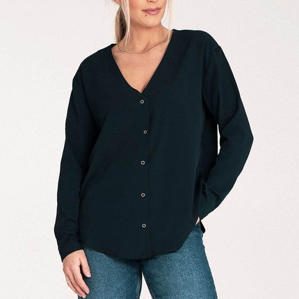 Long-Sleeved Shirt with Press-Stud Fastening & Open Neckline - MimiStylez
