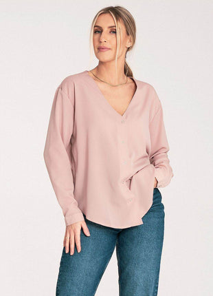 Long-Sleeved Shirt with Press-Stud Fastening & Open Neckline - MimiStylez