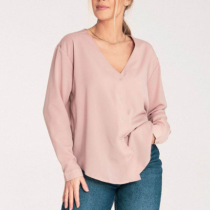 Long-Sleeved Shirt with Press-Stud Fastening & Open Neckline - MimiStylez