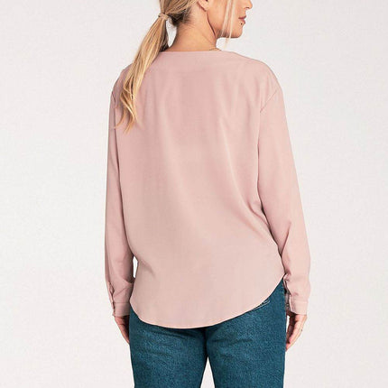 Long-Sleeved Shirt with Press-Stud Fastening & Open Neckline - MimiStylez