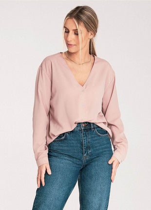 Long-Sleeved Shirt with Press-Stud Fastening & Open Neckline - MimiStylez