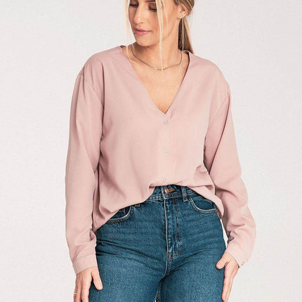 Long-Sleeved Shirt with Press-Stud Fastening & Open Neckline - MimiStylez