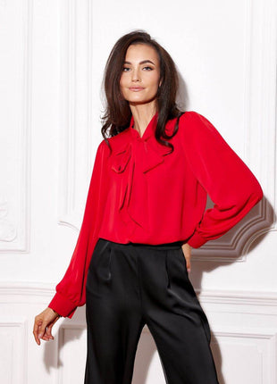 Blouse with Puff Sleeves, Buttoned Cuffs & Neckline Tie - MimiStylez