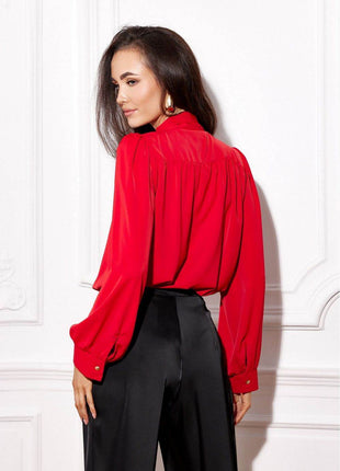 Blouse with Puff Sleeves, Buttoned Cuffs & Neckline Tie - MimiStylez
